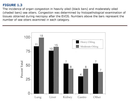 The incidence of organ congestion in heavily oiled and moderately oiled sea otters.